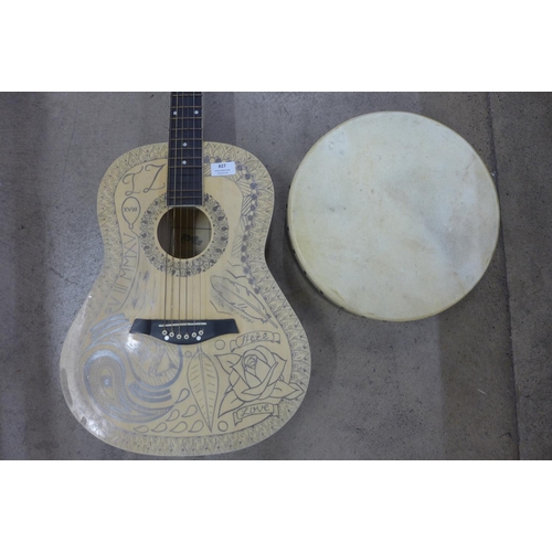 827 - A Power Play guitar and a cased Bodhran drum