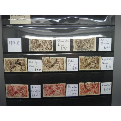 831 - Stamps; a selection of Bradbury Wilkinson seahorses on stock card, 1918 and 1934 issues