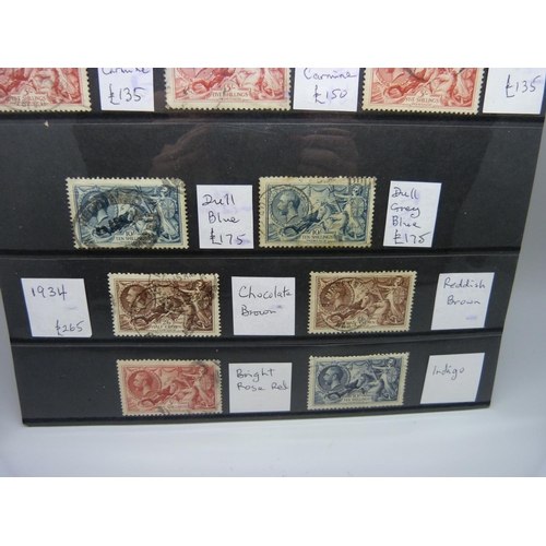 831 - Stamps; a selection of Bradbury Wilkinson seahorses on stock card, 1918 and 1934 issues