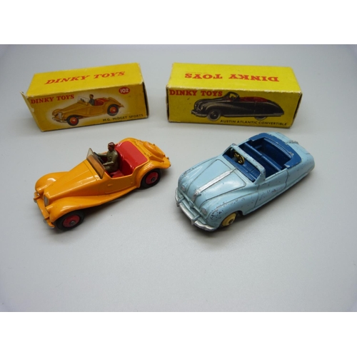 834 - A Dinky Toys 102 MG Midget Sports in orange and 106 Austin Atlantic Convertible, both boxed, (damage... 