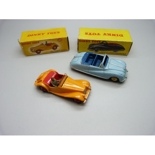 834 - A Dinky Toys 102 MG Midget Sports in orange and 106 Austin Atlantic Convertible, both boxed, (damage... 