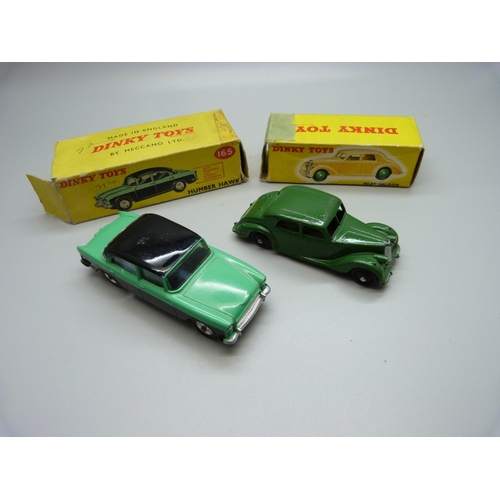 835 - A Dinky Toys 158 Riley and 165 Humber, boxed, (damage to boxes)