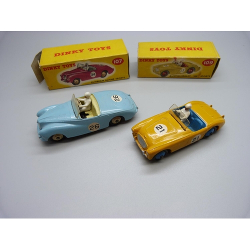 838 - A Dinky Toys 107 Sunbeam and 109 Austin Healy, boxes a/f