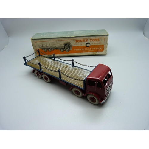 841 - A Dinky Supertoys 505 Foden Flat Truck with chains, boxed, re-painted, new tyres