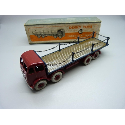 841 - A Dinky Supertoys 505 Foden Flat Truck with chains, boxed, re-painted, new tyres