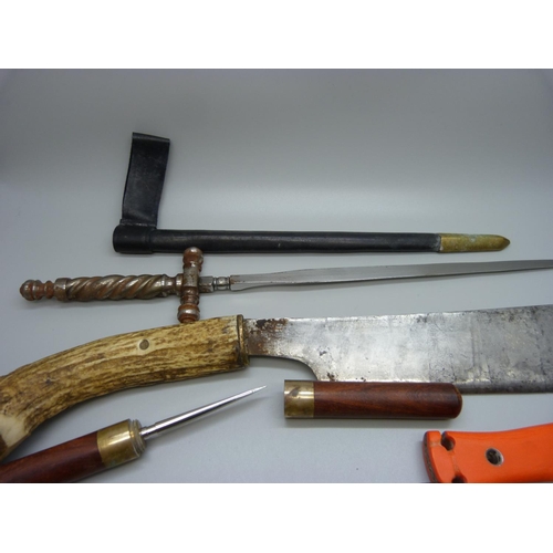 843 - A knife with antler handle and other knives, etc.