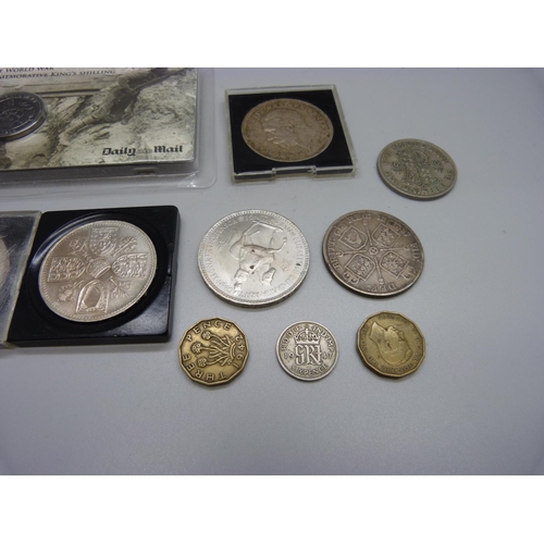 858 - A Queen Victoria 1887 double florin, a 1935 crown, and other commemorative crowns and coins