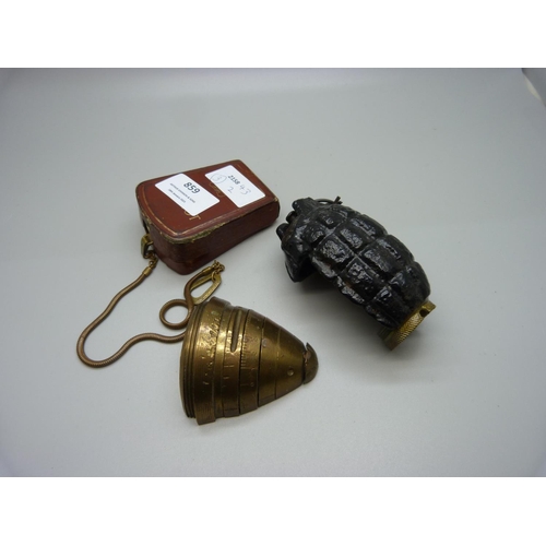 859 - Two demonstrator cut-away models of a hand grenade and bomb fuse plus a Zeiss Ikon light meter