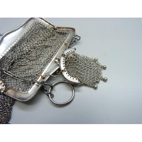 871 - A silver chain mail purse including coin bag, London import mark for 1911