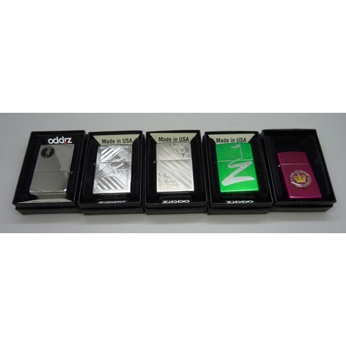 888 - Five Zippo lighters, boxed