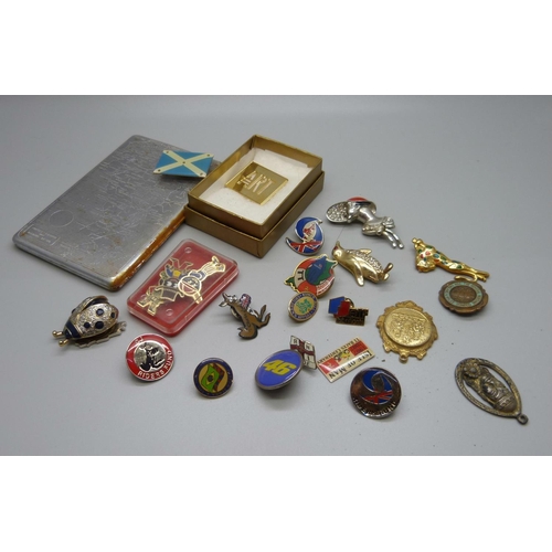 889 - Assorted pin badges, medals and cigarette case