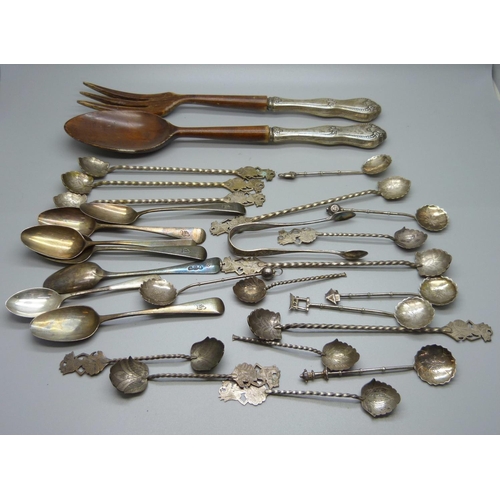 893 - Seven hallmarked silver spoons, 94g, six spoons marked sterling, 31g, twelve twist stem spoons marke... 