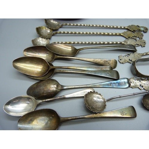 893 - Seven hallmarked silver spoons, 94g, six spoons marked sterling, 31g, twelve twist stem spoons marke... 