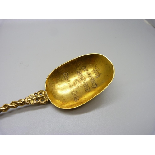 897 - A gilt spoon bearing inscription dated 1866, 'Charles John Cooper from James James December 13th 186... 