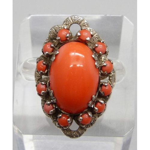 926 - A vintage silver and coral ring, 7.8g, L