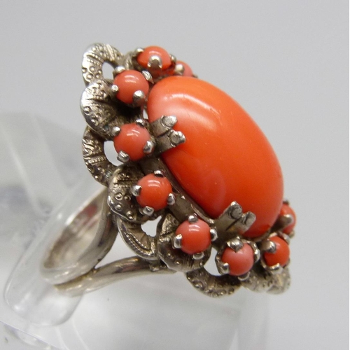 926 - A vintage silver and coral ring, 7.8g, L