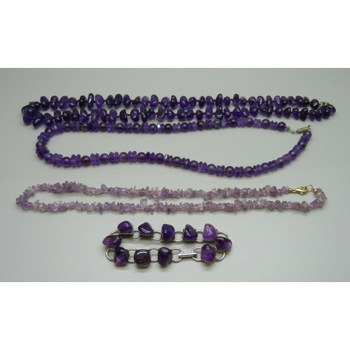 940 - Three amethyst necklaces and a bracelet