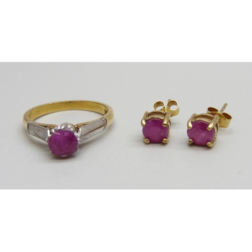 942 - An 18ct gold and platinum set ruby ring and a pair of 9ct gold and ruby earrings, ring 2.8g, J, (rin... 