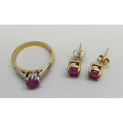 942 - An 18ct gold and platinum set ruby ring and a pair of 9ct gold and ruby earrings, ring 2.8g, J, (rin... 