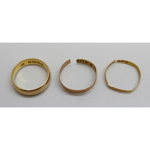 948 - A 22ct gold wedding ring, 6g, M, one other 22ct gold ring, a/f, 0.8g, and an 18ct gold ring, a/f, 1.... 