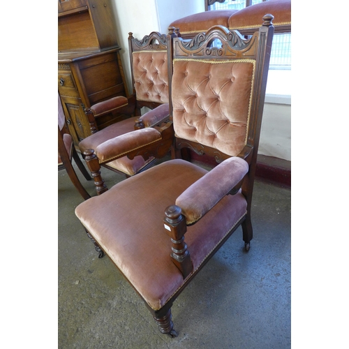 218 - A Victorian mahogany and fabric upholstered six piece salon suite