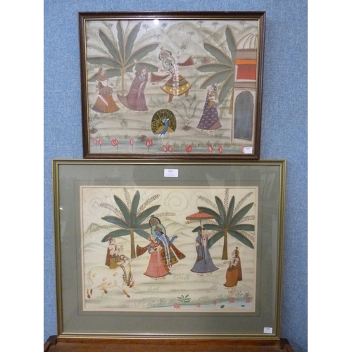 358 - Indian School, painting on silk and a painting on flour bag, framed