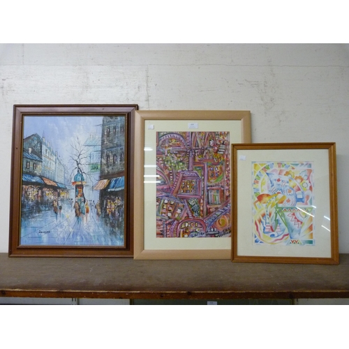 359 - Two English School abstracts, mixed media and a Parisian scene, signed Duchamp, all framed