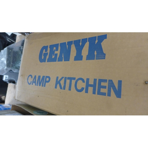 2089 - Genyka camping kitchenette with stove, boxed and sack cloth bag of mixed camping items