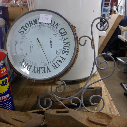 2109 - Qty. of cobbler's lasts and an Arkwright metal double-sided barometer clock and 2 tins of WD40 (part... 