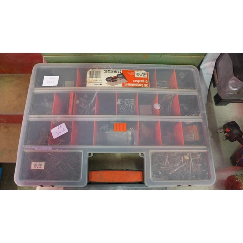 2262 - Cantilever tool box with contents, 2 plastic organisers containing nails and washers