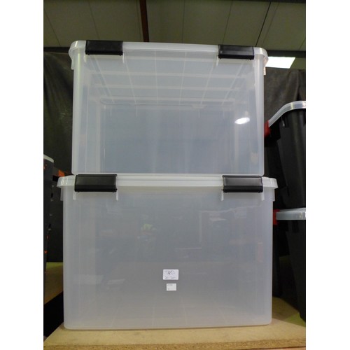 3465C - Two clear stackable plastic storage boxes with snap-top lids