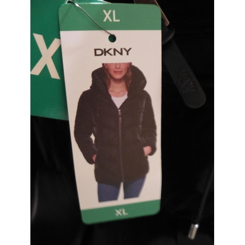 3263 - Ladies DKNY black hooded coat - size XL  *This lot is subject to VAT