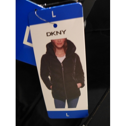 3264 - Ladies DKNY black hooded coat - size L  *This lot is subject to VAT