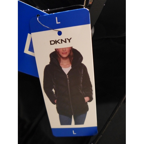 3265 - Ladies DKNY black hooded coat - size L  *This lot is subject to VAT