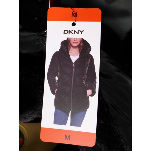 3267 - Ladies DKNY black hooded coat - size M  *This lot is subject to VAT