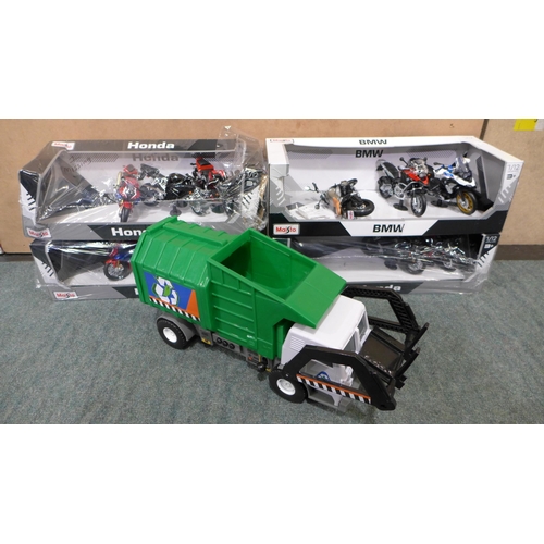 3450 - 4x Maisto Motorcycles, Toy Bin Truck -  (280 -403) *This lot is subject to VAT