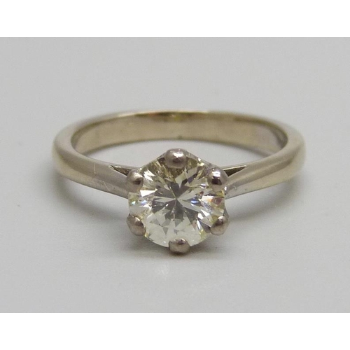 1299 - An 18ct white gold and diamond solitaire ring, 3.4g, L, approximately 1carat diamond weight