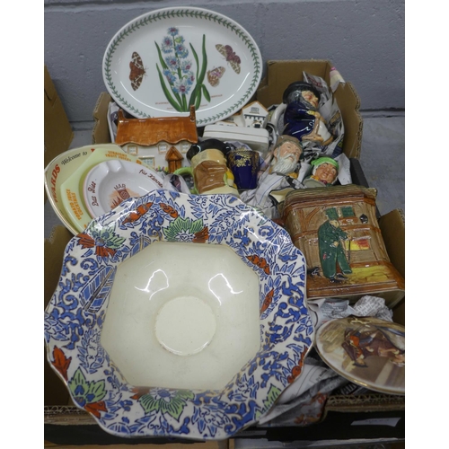 1050 - A box of mixed china, a Royal Doulton Oliver Twist jug, several small Royal Doulton character mugs, ... 