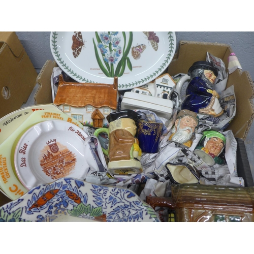 1050 - A box of mixed china, a Royal Doulton Oliver Twist jug, several small Royal Doulton character mugs, ... 