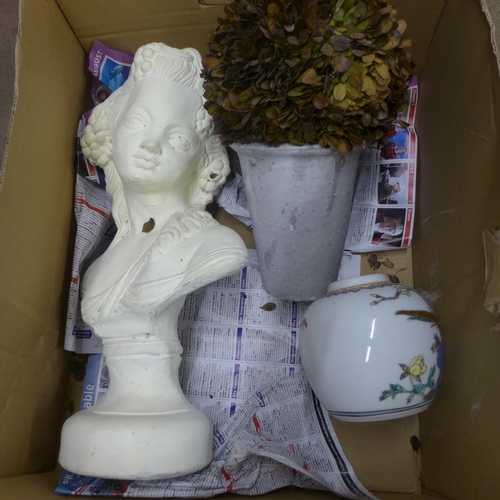 1076 - Three ornamental flower pots, a bust of a young girl and a Chinese ginger jar lacking lid **PLEASE N... 