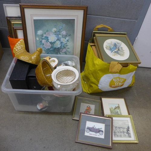 1077 - A collection of prints, watercolours, china, glass and a pair of binoculars **PLEASE NOTE THIS LOT I... 