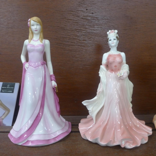 602 - A Royal Doulton Pretty ladies figure, boxed, three others and two Coalport