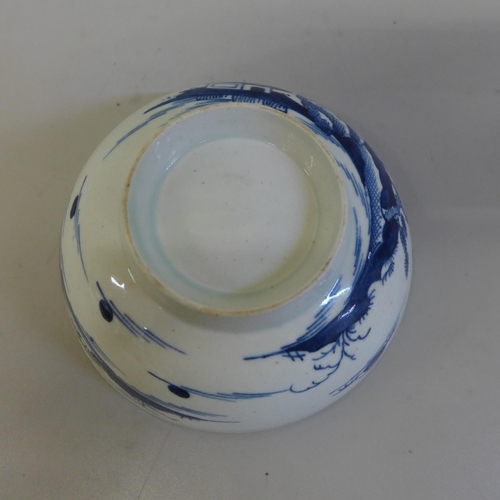 603 - A large Christian, Liverpool, blue and white tea bowl (for the American market), a/f