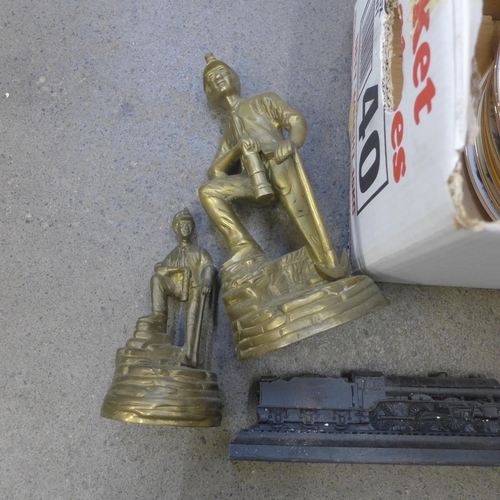 686 - Brass coalminer figures, two model locos and eleven coal mining plates