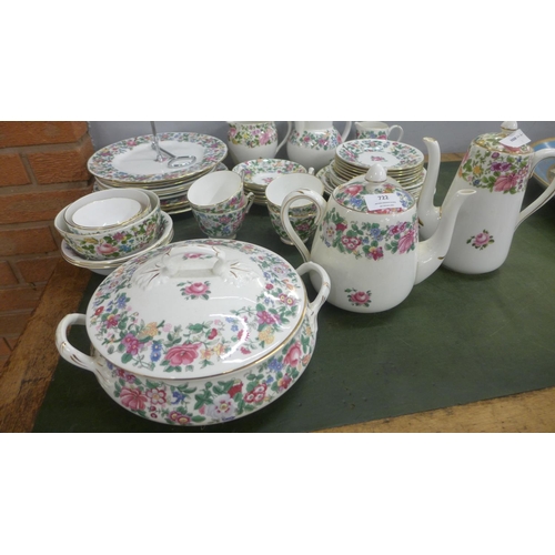 722 - Crown Staffordshire Thousand Flowers tea and dinnerwares, six setting with three jugs, tureen, sugar... 