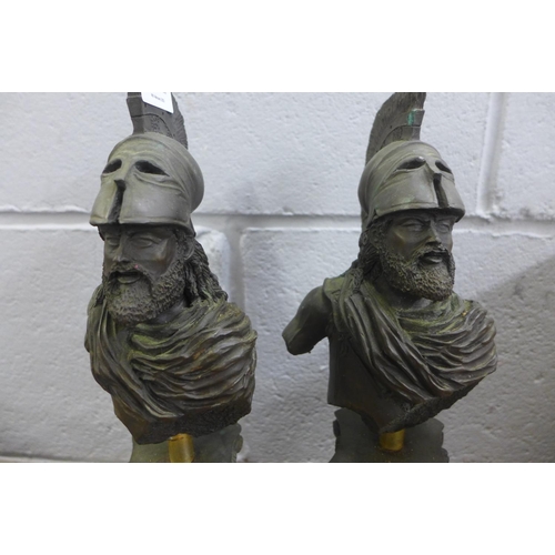 739 - A pair of busts, Roman soldiers on corinthian columns, 31cm