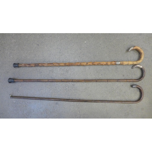 746 - Three walking sticks with silver mounts, two bamboo and one hawthorn