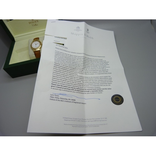 770 - An 18ct gold Rolex Cellini wristwatch, the markers set with diamonds, on a leather and 18ct gold str... 