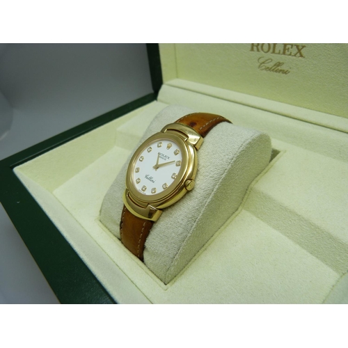 770 - An 18ct gold Rolex Cellini wristwatch, the markers set with diamonds, on a leather and 18ct gold str... 