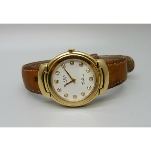 770 - An 18ct gold Rolex Cellini wristwatch, the markers set with diamonds, on a leather and 18ct gold str... 